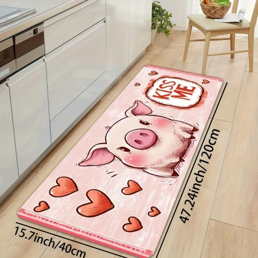 키스 미 돼지 만화 폴리에스터 주방 매트, PVC 뒷받침, 기계 세척 가능, 미끄럼 방지 직사각형 바닥 러그, 거실, 침실, 욕실, 실내 사용 - 기계로 만든 장식 카펫